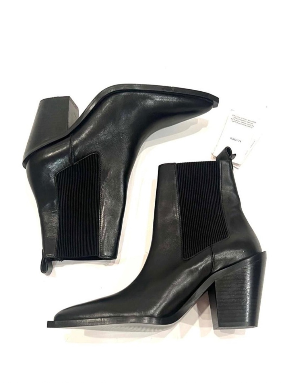 NEW Mango Black Leather Pointed Snipped Toe Elastic Gore Ankle Boots 7.5 or 8.5